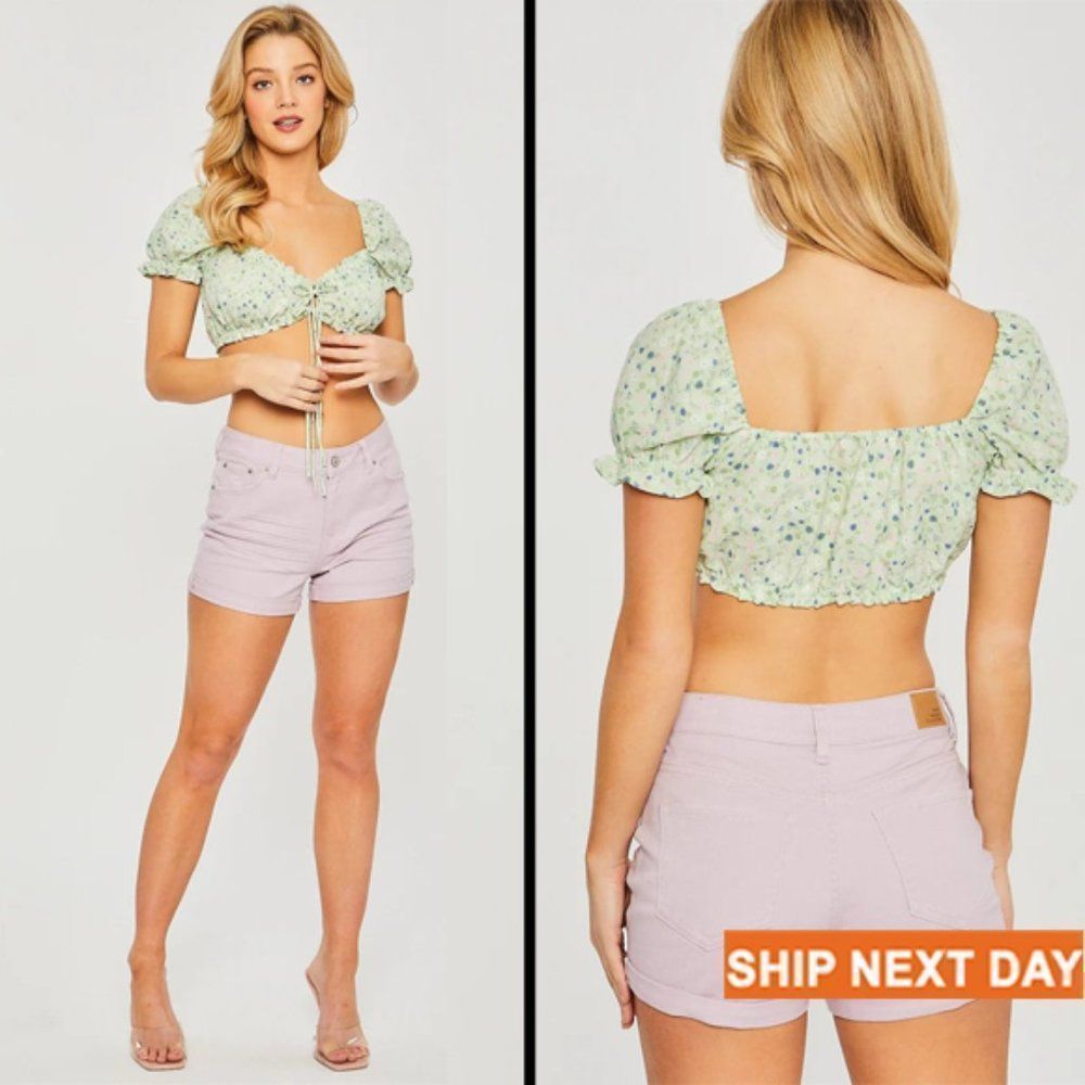 Woven Print Short Sleeve Crop Top - Cottage-core - Crop Top - Floral